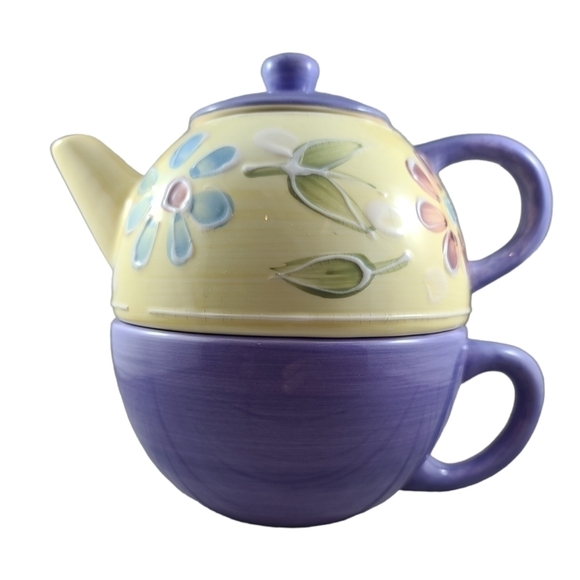 PERSONAL Nesting Teapot & Cup Pottery CIC Spring Flowers Yellow Purple China One - Picture 1 of 11